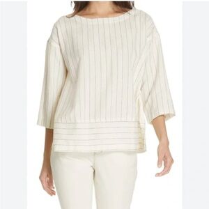 Eileen Fisher striped bateau-neck 3/4-sleeve cotton organic blend top coastal